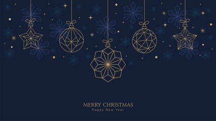 Christmas blue background vector template, hanging gold ornaments snowflakes Merry Christmas card design.