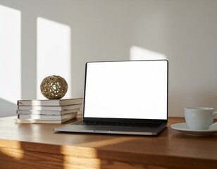 Stylish workspace mockup with poster frame above wooden desk, laptop, coffee cup, minimal decor, morning sunlight, neutral color palette, soft focus, creative home office vibe
