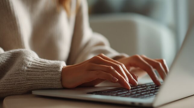 Close-up of Hands Typing on Laptop with Blurred Woman in Background