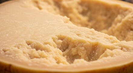 Close-up Macro Shot of a Large Wheel of Aged Parmesan Cheese with a Craggy Texture