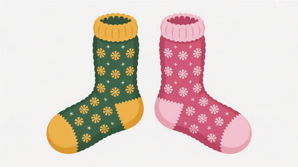 Festive winter socks in pink and green bring cozy Christmas cheer, perfect for holiday gifts and seasonal promotions, adding warmth and a touch of whimsy