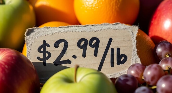 Close-up of a price tag showing $2.99/lb surrounded by fresh fruits like apples oranges and grapes - Powered by Adobe