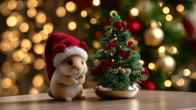 Faceless cozy Christmas still life &mdash; a tiny hamster in a red hat sitting near a miniature Christmas tree, softly defocused background of warm lights, with copy space.