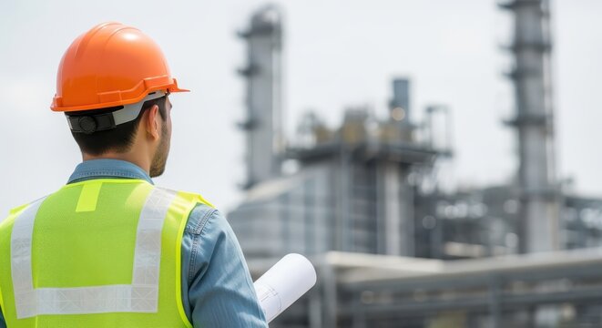Rear View of Engineer in Safety Vest and Hardhat Holding Blueprints, Supervising an Industrial Oil and Gas Plant. Engineering, Safety, and Management.