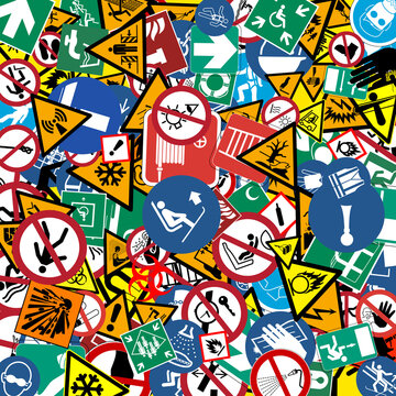 scattered randomly safety signs with attention and warning pictograms to indicate places or situations of danger for people and workers