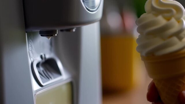 A machine that makes ice cream. A hand is holding an ice cream cone.