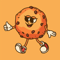 Chocolate chip cookie mascot with finger up gesture retro vibrant vector design for bakery logo and advertising