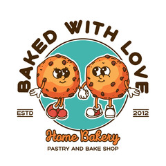 Ready chocolate chip cookie mascot logo with home bakery text and baked with love message retro vector design