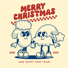 Cozy mitten and Santa hat Christmas card. Vintage contour style with dot shadows and heartfelt holiday lettering