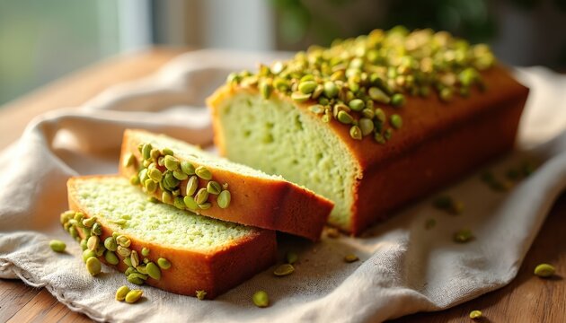 Golden pistachio pound cake sliced on linen. Sweet baked loaf with green nuts scattered on top and sides. Crumbs suggest fresh baking, perfect for dessert or cafe display.