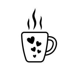 Cup with hearts icon. Black outline line silhouette. Editable strokes. Front and side view. Vector simple flat graphic illustration. Isolated object on a white background.