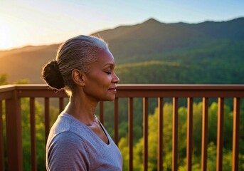 Elderly woman meditating on balcony overlooking mountains at sunset