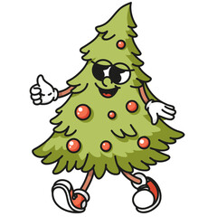 Fluffy Christmas tree mascot with colorful ornaments Bright retro vector design isolated on white background for festive decorations and holiday branding