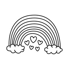 Rainbow, clouds, and hearts. Black outline line silhouette. Editable strokes. Front view. Vector simple flat graphic illustration. Isolated object on a white background.