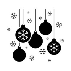 Hanging Christmas tree balls and snowflakes. Black silhouette. Front and side view. Vector simple flat graphic illustration. Isolated object on a white background.