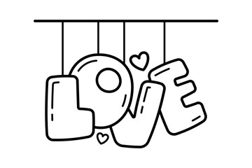 The word "Love" and hearts. Black outline line silhouette. Editable strokes. Horizontal front view. Vector simple flat graphic illustration. Isolated object on a white background.