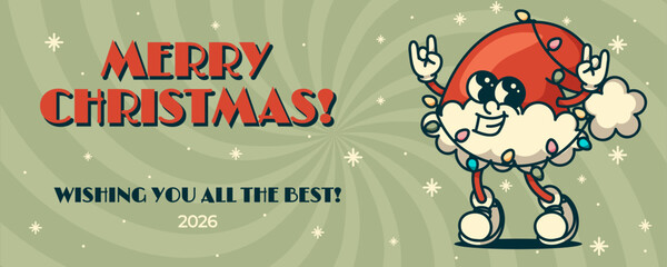 Vintage Christmas banner design with santa hat mascot lights garland and snowflakes for website header or festive promo flyer