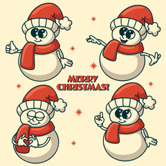 Colorful snowman mascot with santa hat and scarf retro vector design with snowflakes for festive winter celebrations