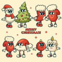 Colorful Christmas couples holding hands set with snowman tree ornament candle mitten hat stocking candy and garland isolated vector design for festive celebrations