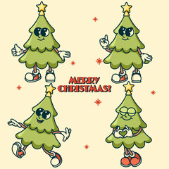 Set of colorful christmas trees with golden star topper bright retro vector design for festive holiday decorations