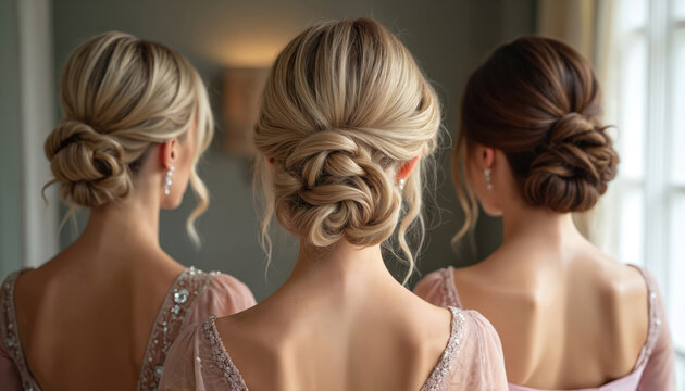 Three women with elegant updos show their backs. They wear beautiful dresses with intricate details. Formal event portrait of fashion models with stylish hairstyles in a soft setting.