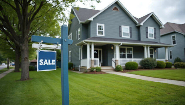 Home for sale sign stands on rich green lawn. Blue house exterior design with white trim and porch. Beautiful residential building ready for family.