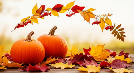 Orange pumpkins and autumn leaves on wooden surface fall gourds