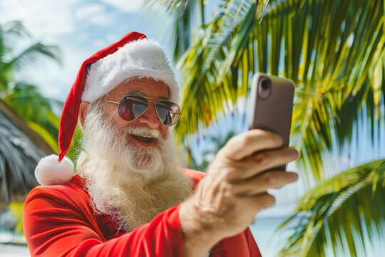 Santa claus taking selfie enjoying summer beach vacation