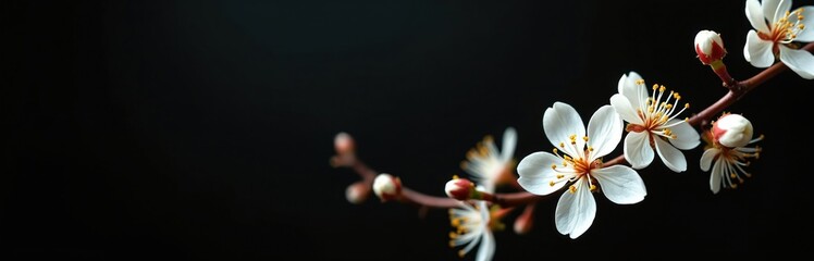 White cherry blossoms bloom on dark branch against black backdrop. Tiny buds show hints of red. Delicate petals unfurl in studio light. Macro shot.