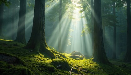 Sunbeams pierce dense forest canopy illuminating mossy ground and ancient tree trunks. Light rays create mystical atmosphere in verdant woodland setting, promoting peaceful nature exploration.