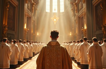 Grand basilica ordination ceremony shows new priests. Light shines down on apostolic succession. Ritual represents responsibility, commitment to service. Divine sacrament shows priesthood tradition.