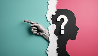 Art photo with pointing finger and question mark inside human head silhouette. Torn paper border between cyan and pink colors. Concept idea about ask questions.