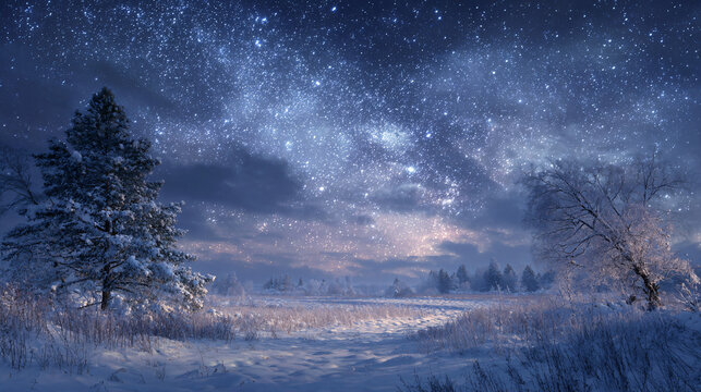 Christmas snowy field under stars 