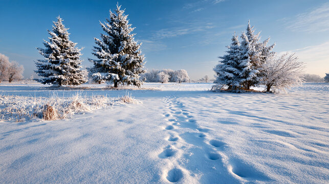 Christmas snowy field with footprints and trees