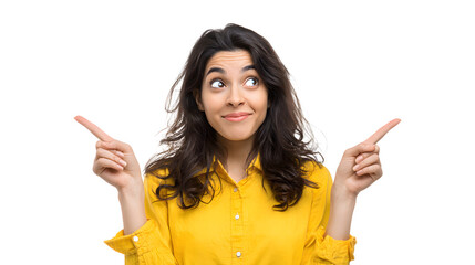 Indian woman with curious and questioning expression, pointing upwards with both hands isolated on transparent background