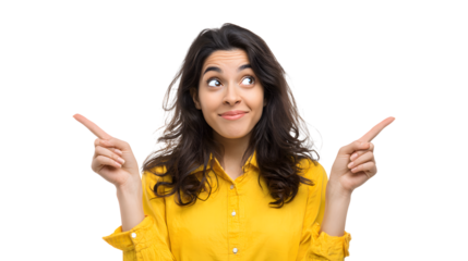 Indian woman with curious and questioning expression, pointing upwards with both hands isolated on transparent background