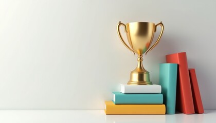 Golden trophy on a stack of colorful books on white surface. Books are yellow, blue, white. Trophy has two handles, stands on books. Red and blue books stand next to stack.