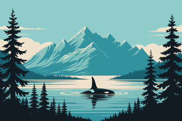 Serene Mountain Landscape with Orca Swimming in Tranquil Waters Beneath Soft Blue Skies © VGX Ultra