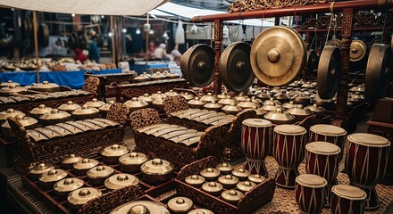 Traditional Indonesian Gamelan Musical Instruments Displayed at an Outdoor Market