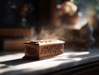 Ornate wooden box on marble, with dust motes dancing in sunlight. Evokes mystery, memory, nostalgia, treasure. Ideal for heritage, storytelling, and product mockups.