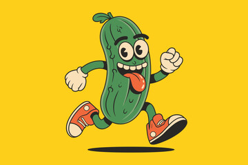 Playful Running Cartoon Cucumber Character in Bright Yellow Background with Cheery Expression
