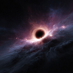 Obraz premium Dramatic space scene featuring a black hole with swirling nebulas. Concept for science, physics, unknowns, or the universe. Evokes mystery and cosmic forces.