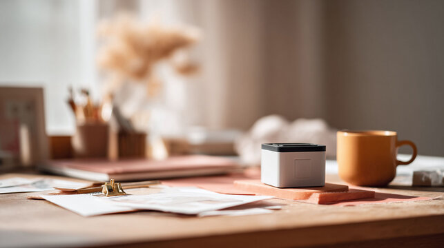 Cozy workspace still life. A modern desk featuring a cube, coffee mug, and creative clutter bathed in soft, natural light. Ideal for work, lifestyle content.
