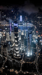 Shanghai Skyline at Night - Aerial View of Illuminated Skyscrapers and Huangpu River
