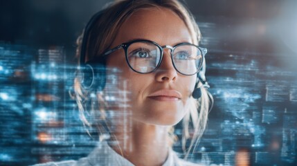 A woman wearing glasses and a headset is looking at a computer screen with a lot of numbers and lines