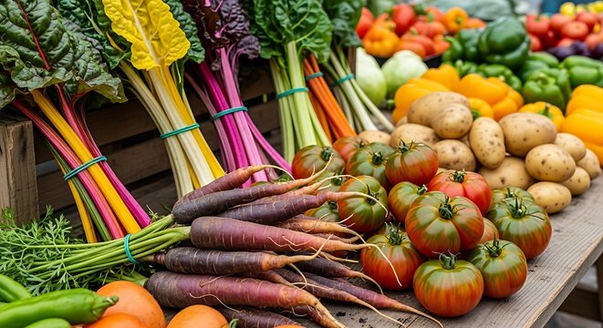 Vibrant Rainbow Chard and Heirloom Tomatoes at a Farmers Market Stall Keywords: fresh produce, farmers market, organic vegetables, healthy eating, colorful - Powered by Adobe