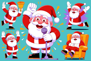 Joyful Cartoon Santa Claus Celebrating with Cheerful Poses and Bright Colors