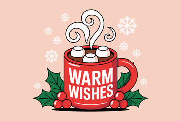 Cheerful Holiday Warm Wishes with Hot Chocolate and Marshmallows in Festive Red Mug