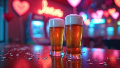 Two foamy beer pints stand on a bar for a Valentines date. A couple has a romantic night in a retro arcade with neon hearts. Celebration of love with alcohol drinks, confetti and party lights.
