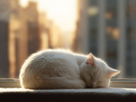 A tranquil image of a white cat peacefully sleeping on a windowsill with soft light and a blurry cityscape background. Represents serenity, comfort, and domestic bliss. - Powered by Adobe
